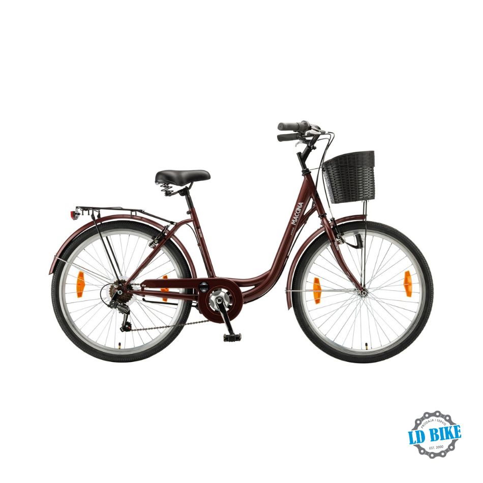 Ženski gradski bicikl Maccina Avenue u bordo boji sa pletenom korpom