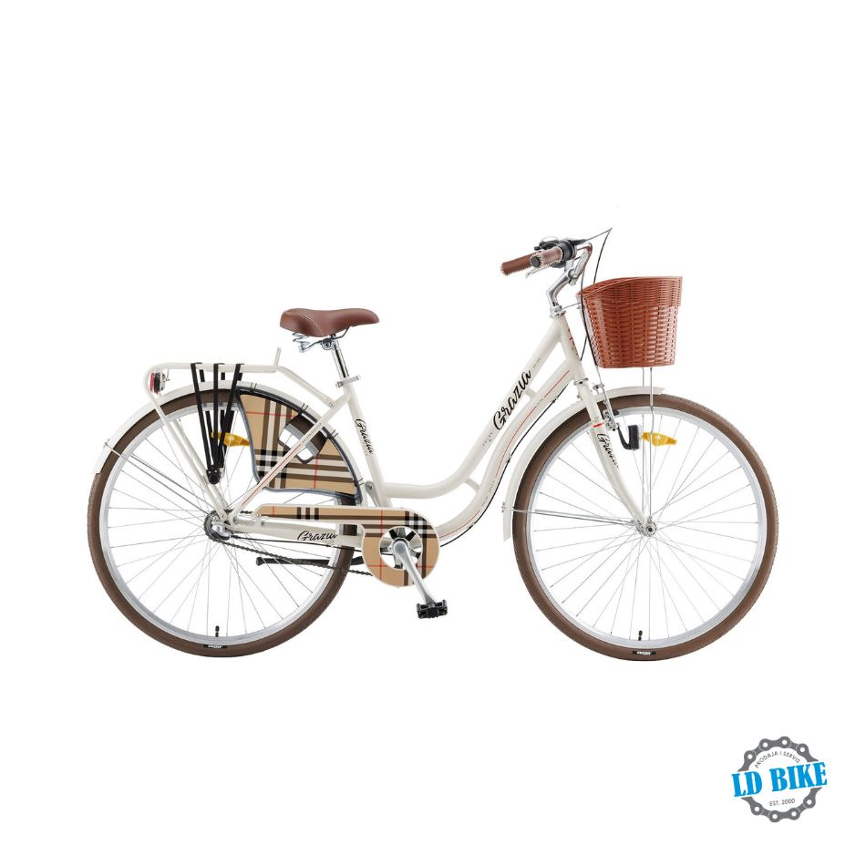 Ženski gradski bicikl Polar Grazia u bež boji sa pletenom korpom i Nexus brzinama